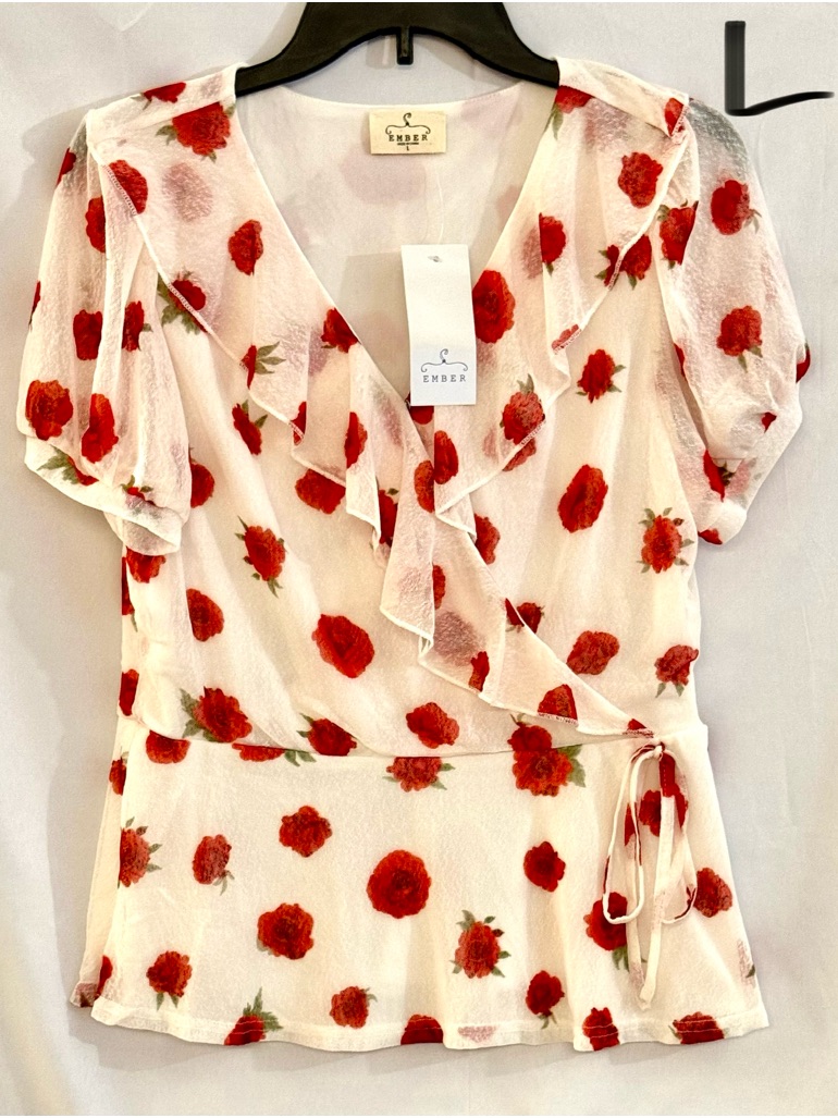 Ember White Floral Wrap Blouse With Red Rose Print